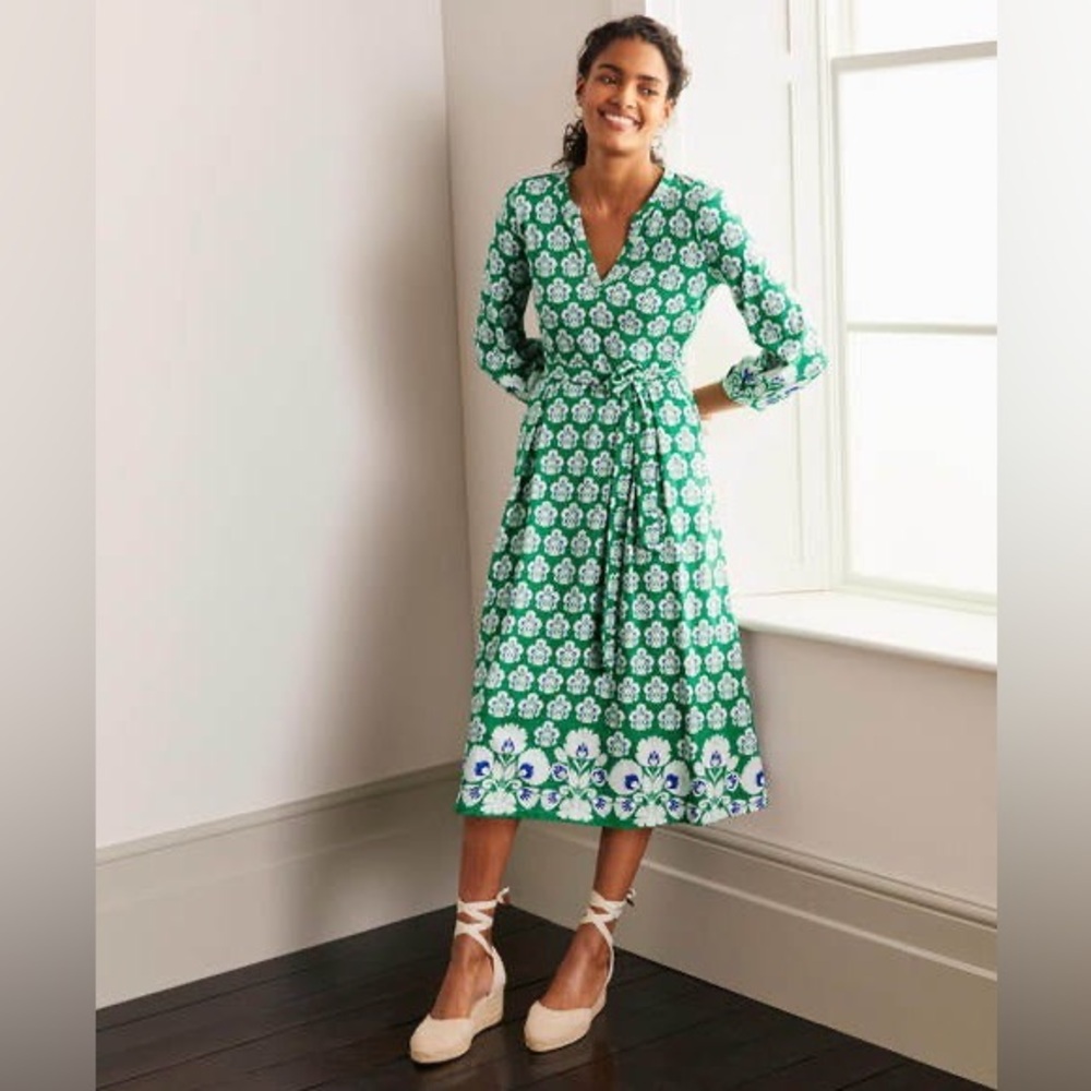 Boden Green and White Floral Midi Dress